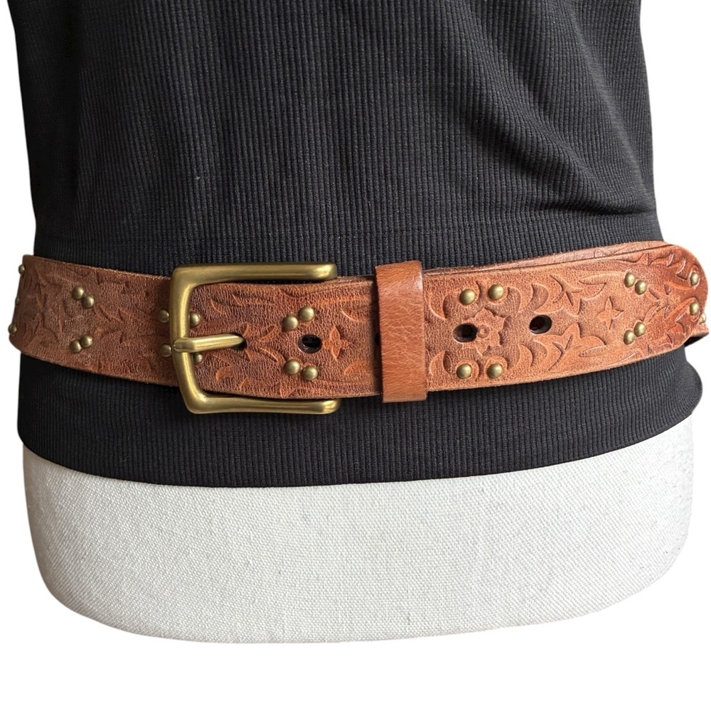 Honest By Brighton Tooled Leather Studded Belt Brown - Picture 4 of 11